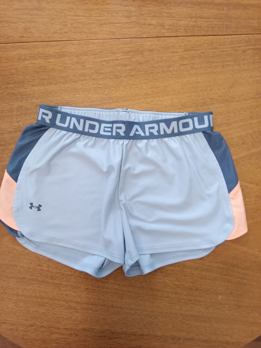 Under Armour Women's Light Blue Athletic Shorts with Navy & Peach Accents